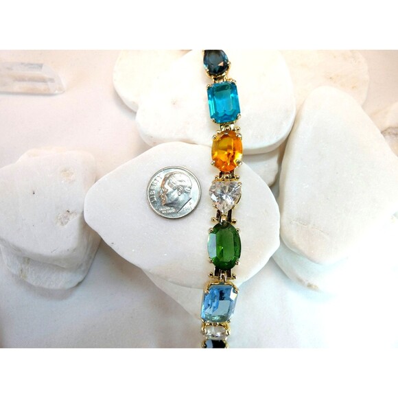 Chunky Gold Plated 925 SS Multi Color Gemstone Tennis Bracelet 7.25" - Picture 3 of 8